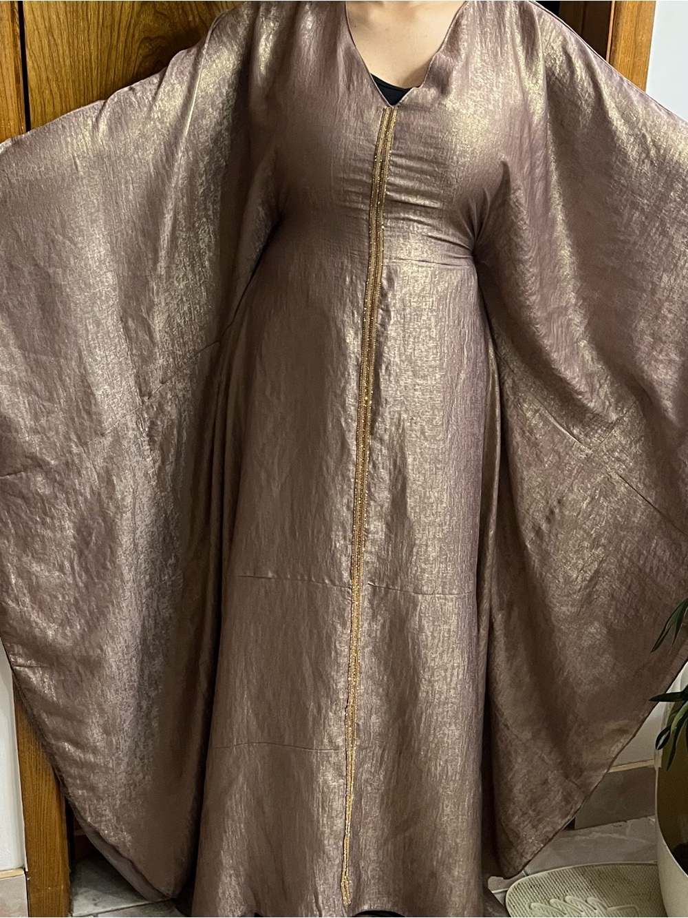 Metallic Taupe Long-Sleeve Kaftan Dress with Gold Center Trim